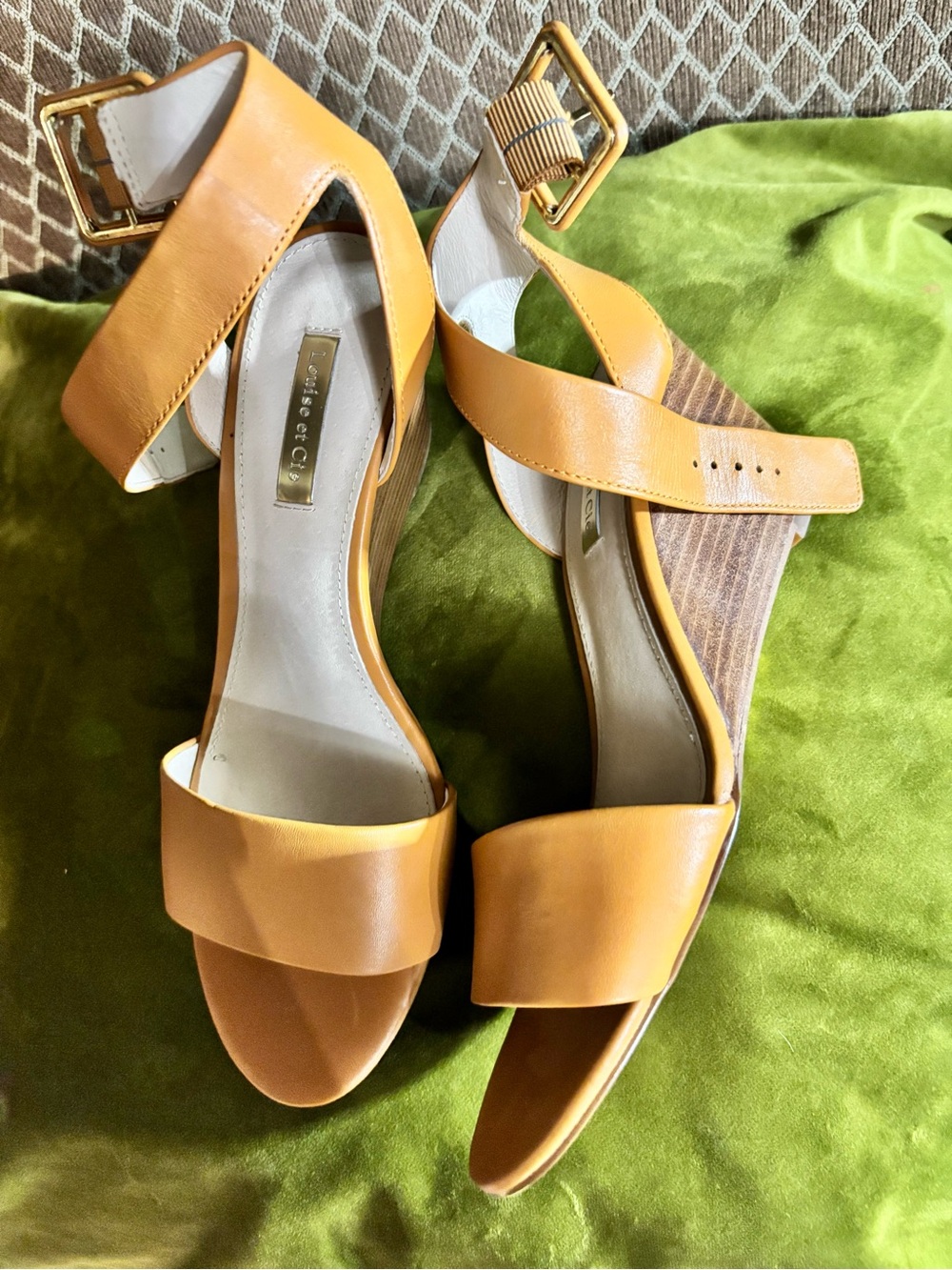 Louise et Cie Mustard Leather Ankle-Strap Wedge Sandals